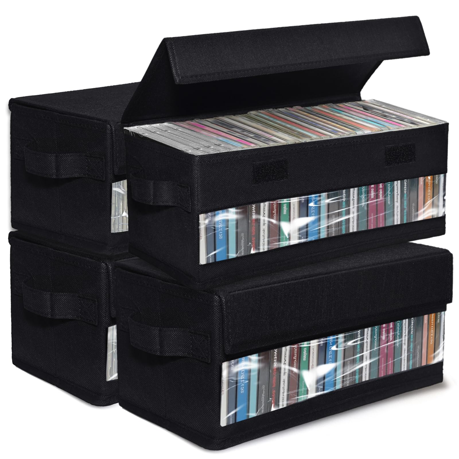 CCidea Cajas de almacenamiento para CD/DVD, paquete de 4 cajas de almacenamiento para CD, soportes de disco duraderos de 14 x 5.9 x 5.3 pulgadas con tapas, capacidad para hasta 32 CD en estuches