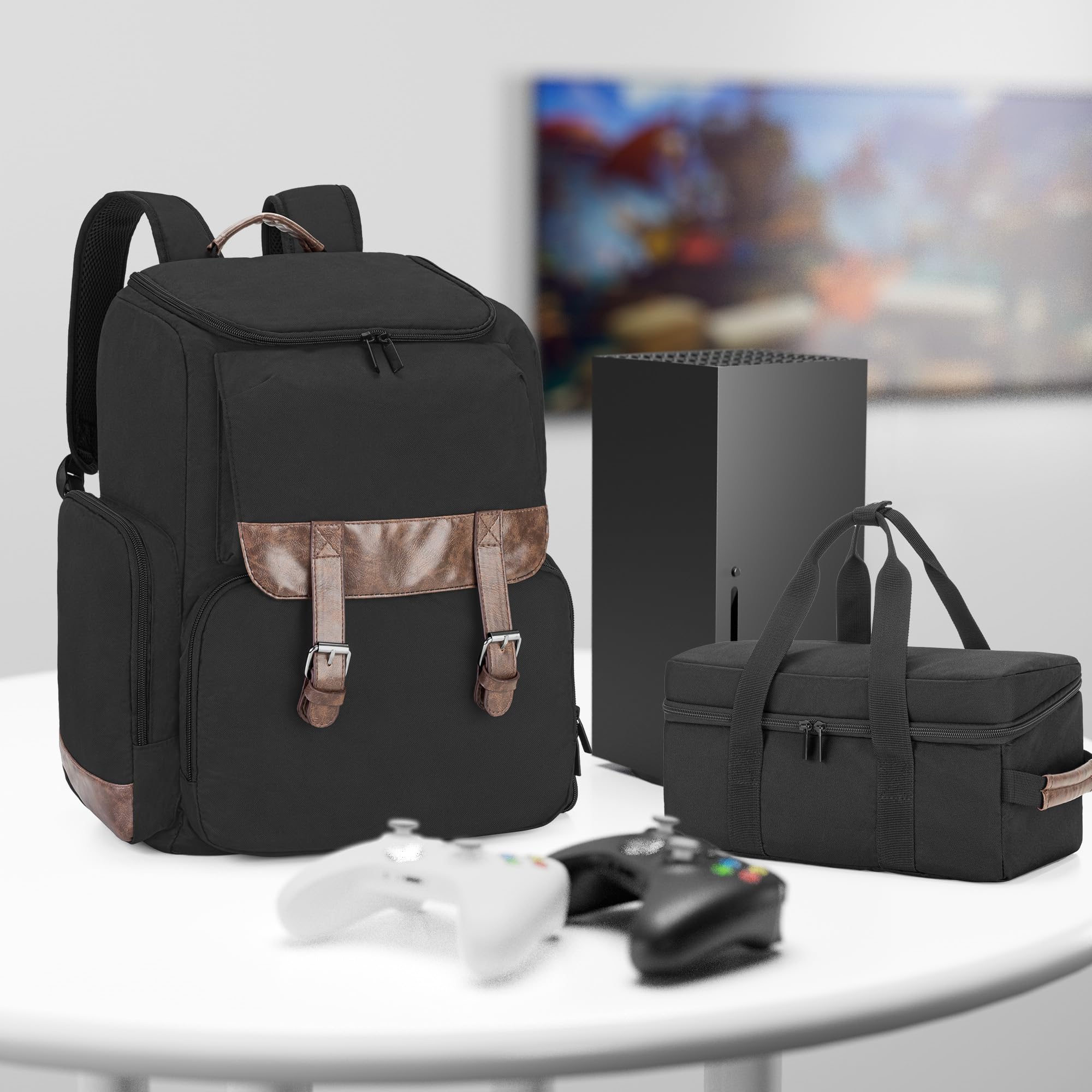 LoDrid Mochila compatible con Xbox Series X con bolsa para consola, bolsa para juegos con varios bolsillos y divisor y para laptop de 15,6" y accesorios para juegos