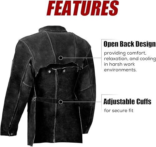 Miniatura 10 de LeaSeek Chaqueta de soldadura de cuero, delantal de soldadura resistente con manga, abrigo de soldadura de piel de vaca resistente al calor para
