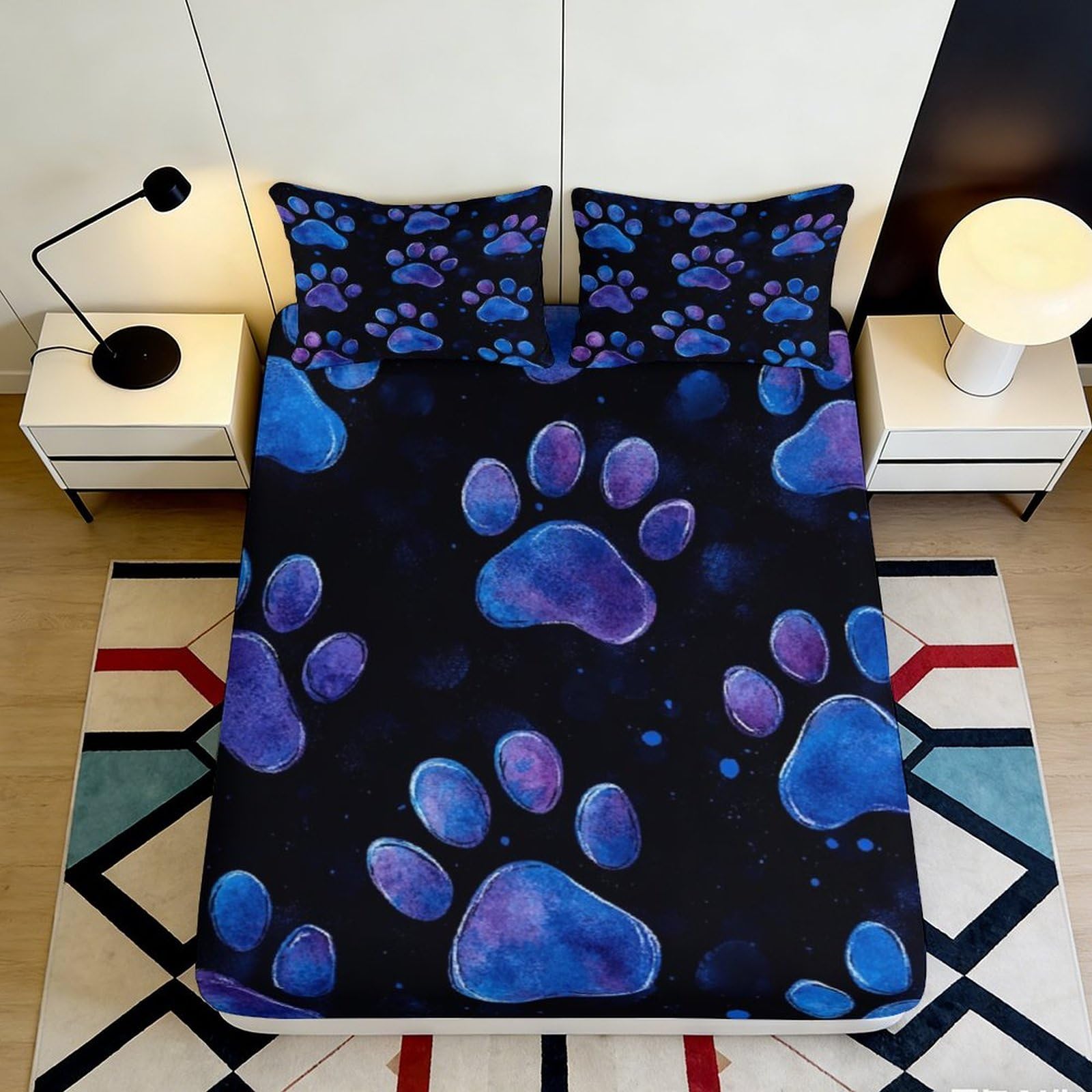 Pnayamiorkfel Style-3 3D Printed Blue Paw Print Fitted Sheet Microfiber Soft Non-Slip Mattress Cover For Bedroom Guest Room Decor 90X200x25cm