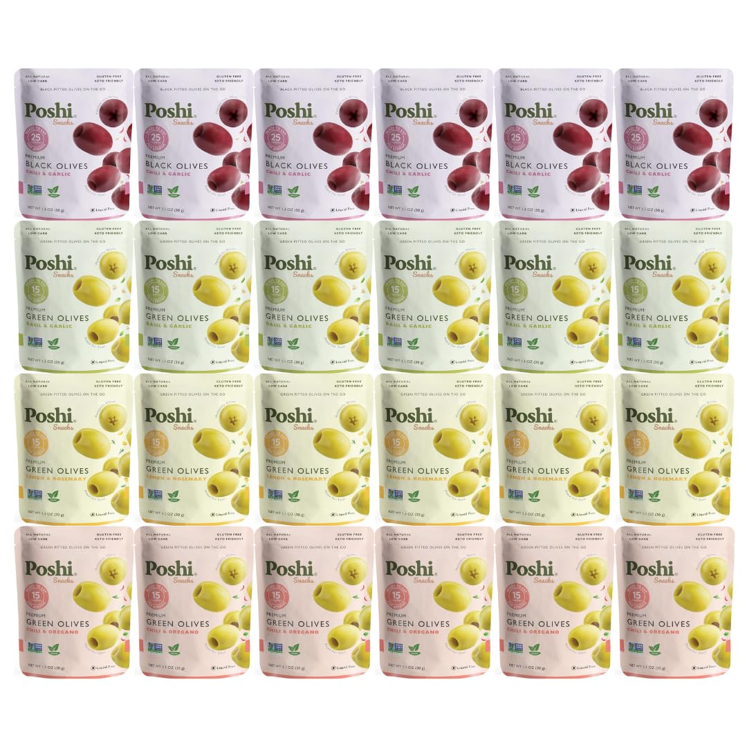 Variety Pack Green & Black Olives – 24 Count 1.1oz Packs – Kalamata & Manzanilla Olives – Lemon & Rosemary, Chili & Oregano, Chili & Garlic, Basil &