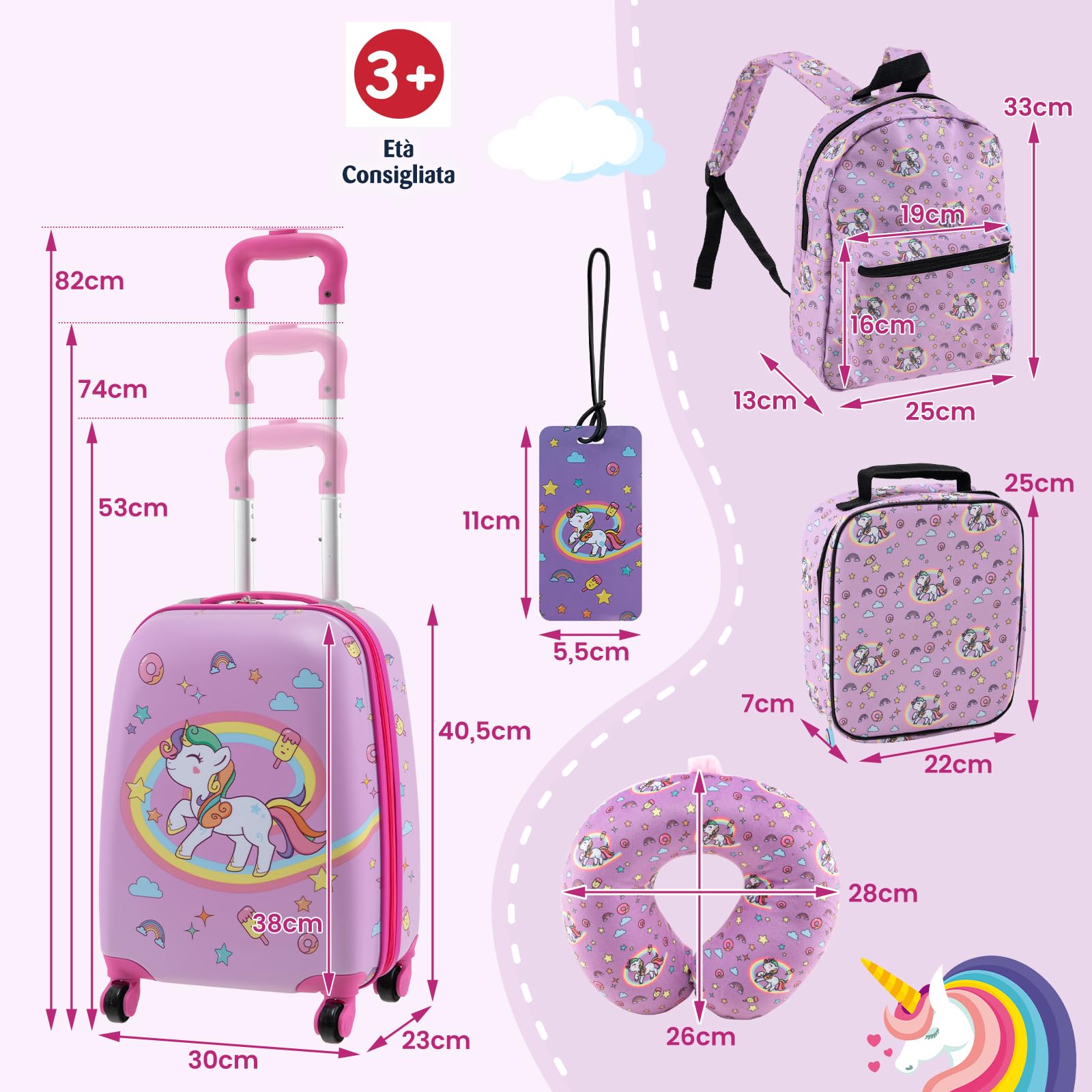 RELAX4LIFE Set di Valigietta per Bambini da 5 Pezzi con Valigia da 38 cm a Mano, Zaino da 33 cm, Cuscino per il Collo, Borsa Pranzo Isolata, Etichetta, Valigia con Ruote Rigide (ROSA)