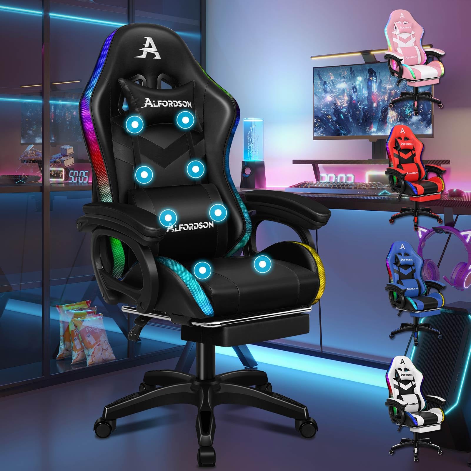 Gaming Chair Office Massage 12 RGB LED Computer Seat PU