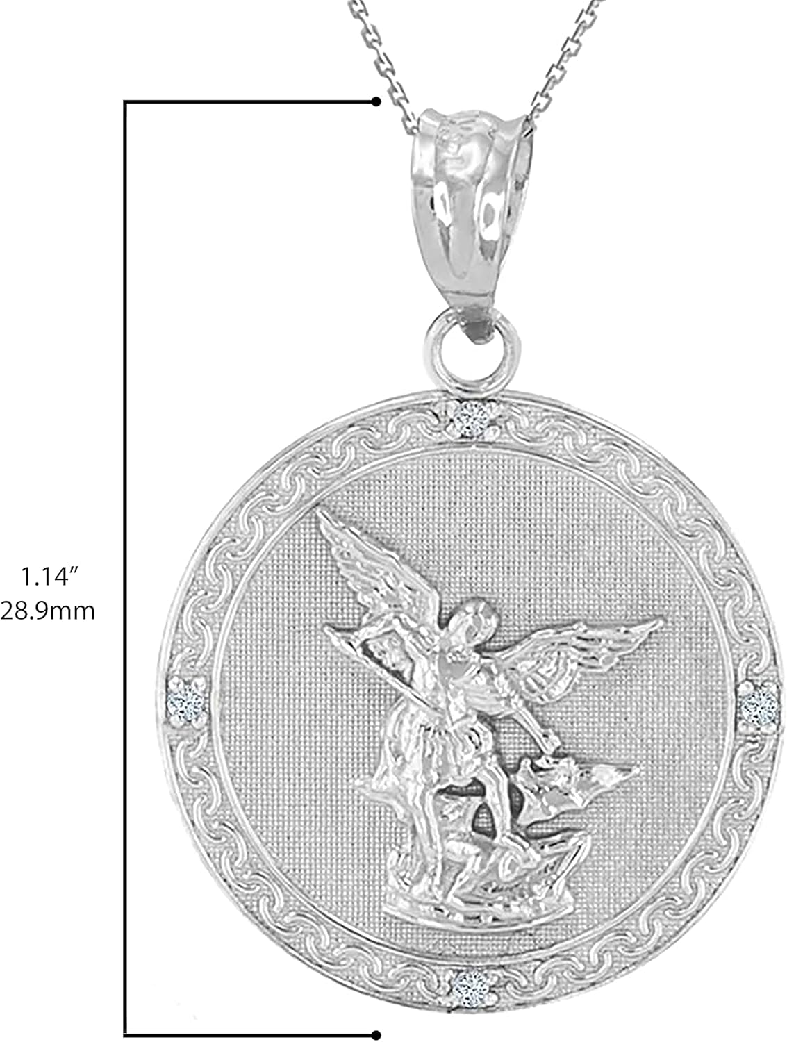 .925 Sterling Silver Saint Michael The Archangel White Cubic Zirconia Accented 1” Medal Pendant Necklace with Rolo Chain and Pendant only