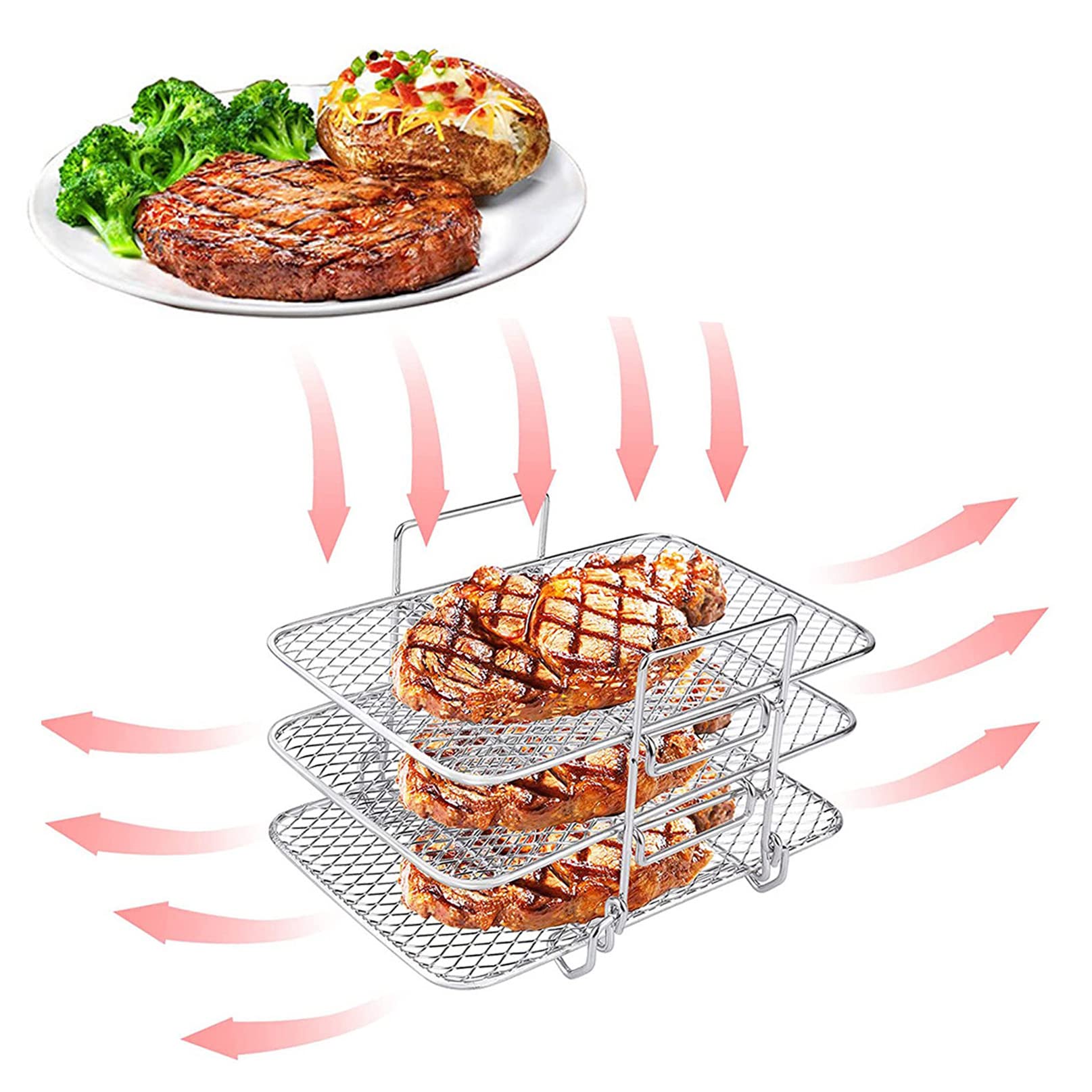 AGSYFFD Air fryer ninja foodi accessories, 304 stainless steel multi-layer dehydrator rack toast indoor oven crisper set tray bacon for french fries/frozen food Three-tier grill