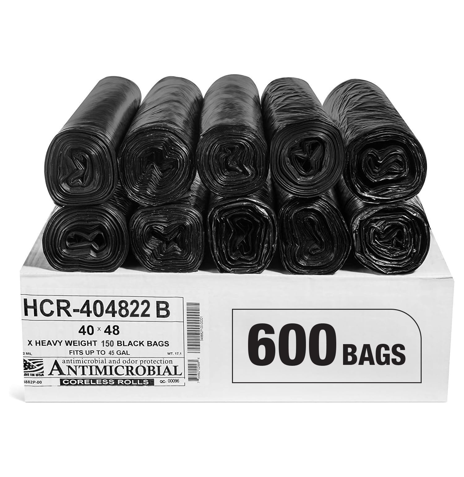 Aluf Plastics 45 Gallon 22 Micron (eq) Black Trash Bags 40" x 48" 600 Count