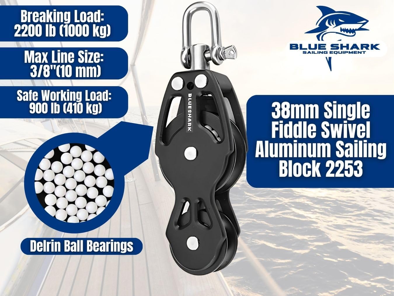 Blue Shark 2253-38 mm Single Fiddle Swivel Aluminum Sailing Block - Max Line: 3/8” (10 mm), Safe Working Load (SWL): 900 lbs, Breaking Load: 2200 lbs (1-Pack)