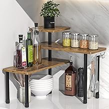 Multi-Purpose Wooden Rack for Kitchen Storage, 3 Tier Moveable Corner Shelf Countertop Organizer for Kitchen, Bathroom, Spice Rack, Coffee Area, Over Sink, Garden, Office (Rustic Brown)
