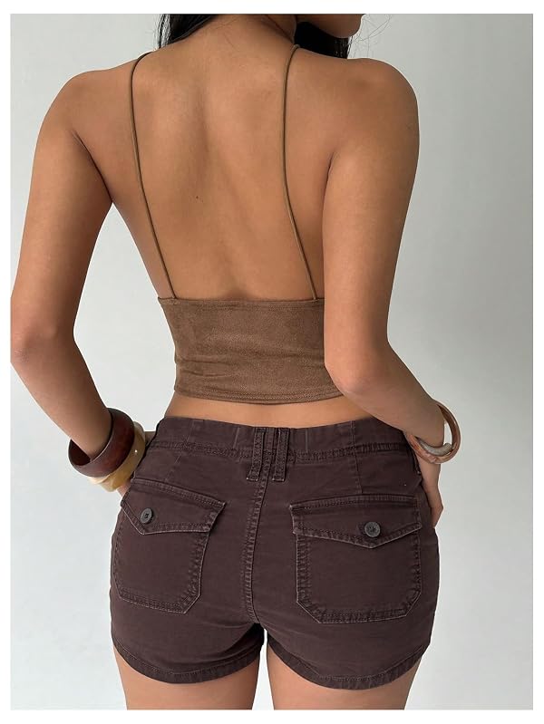 Verdusa Women's Western Suede Crisscross Halter Tops Cut Out Backless Going Out Tops Khaki Large by Verdusa - Used condition - Image 2