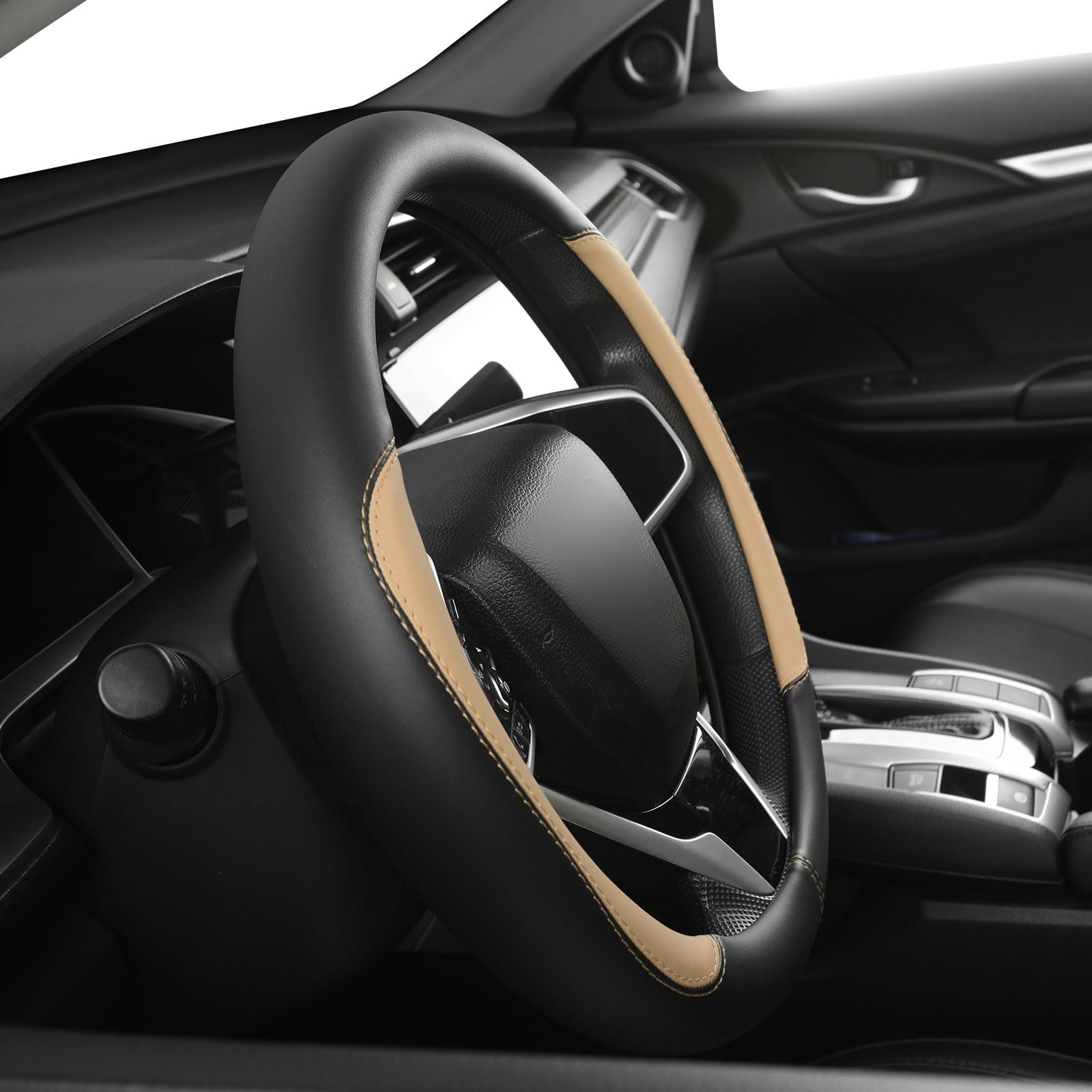 Car Steering Wheel Cover,Microfiber Leather Steering Wheel Cover Universal 14.5-15 inch, Anti-Slip Breathable Auto Wheel Cover Protector for Men Women (Black&Beige)