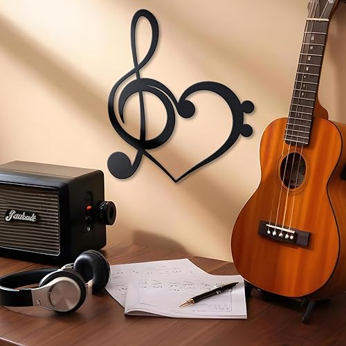 Miniatura 2 de KOYILTD Decoración de pared de metal negro con corazón, decoración de notas musicales, decoración de pared de corazón, arte de pared para sala de
