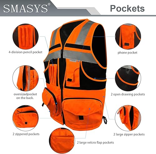 Miniatura 3 de SMASYS Chaleco de seguridad Hi Vis con cinta reflectante 3M, tejido de punto y tela Oxford con bolsillos, ropa de trabajo de construcción