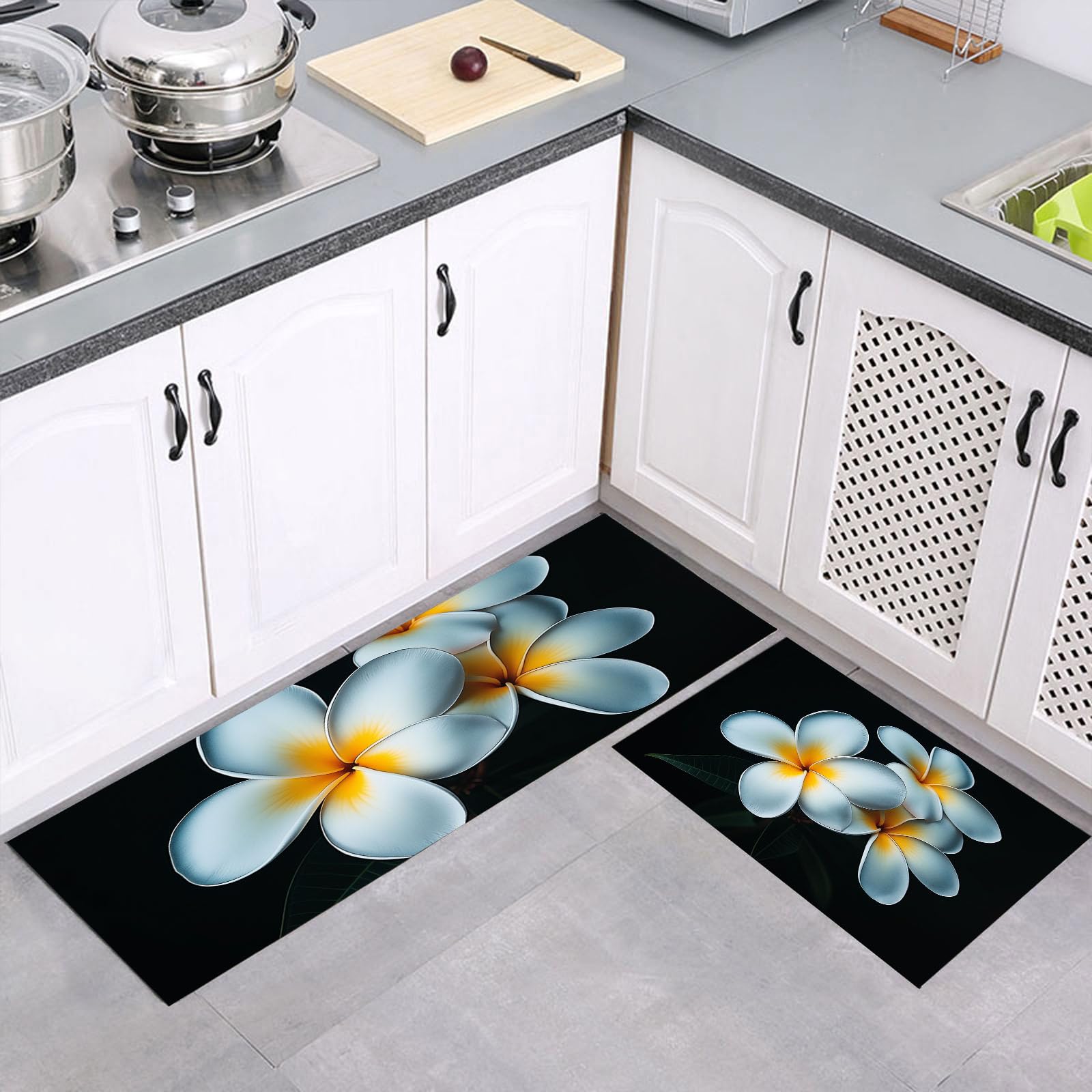 Juego de alfombras de cocina con fotografía artística de plumeria y acabados premium