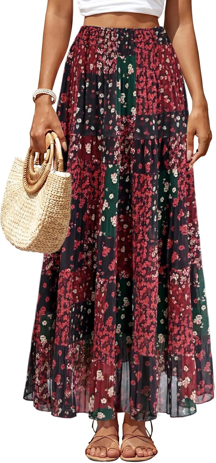 Women's Chiffon Pleated Maxi Skirt Elastic High Waisted Boho A-Line Fall Flowy White Long Skirts with Lining