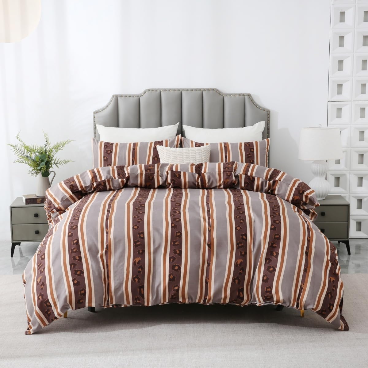 Parure de lit 180x200 cm housse de couette imprimée léopard gris kaki avec taies d'oreiller