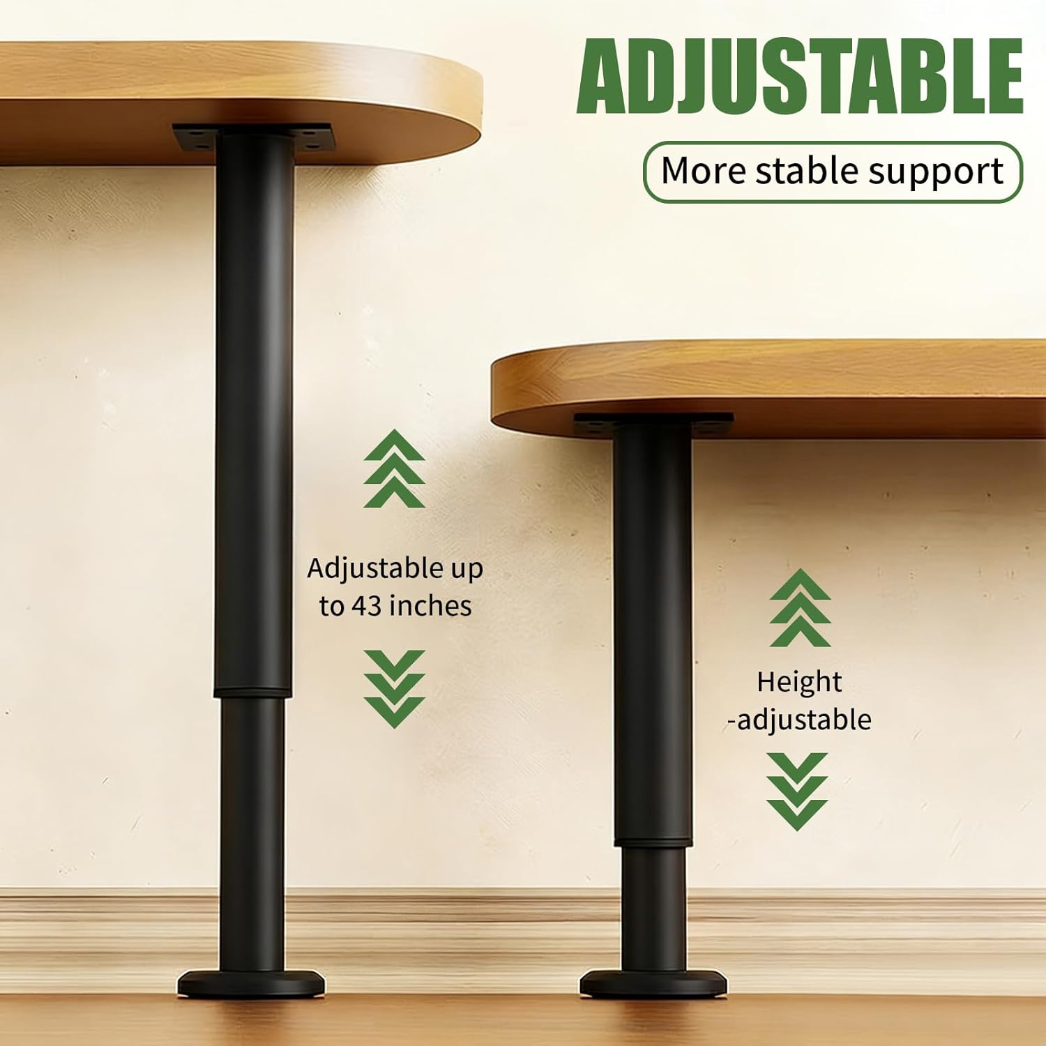 Furniture Legs Metal Adjustable 4 Pcs 28.34-43.3 inch, Adjustable Cabinet Legs for Sofa/Bed/Chair/Dresser/Table, Bed Center Slat Support Legs, Black