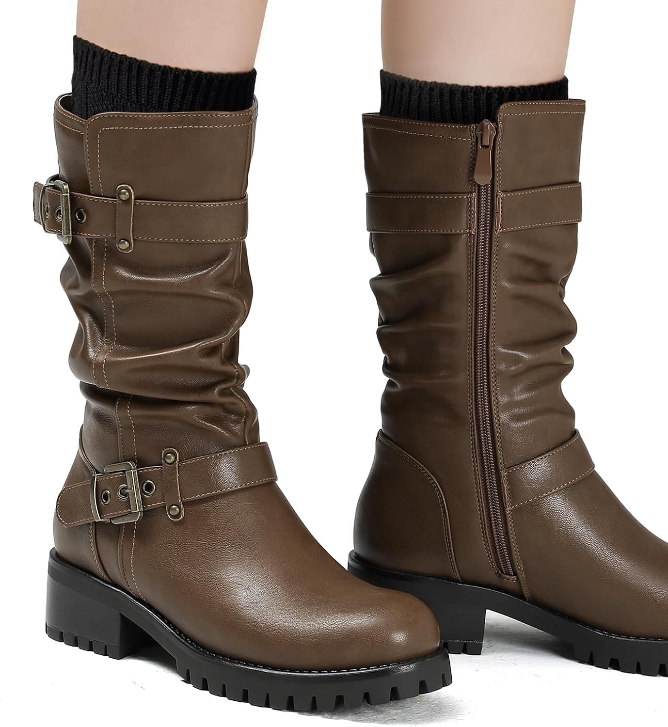 DOBOLIN Mid Calf Boots for Women with a Wide Toe Box Motorcycle Biker Riding Boots with Buckles Round Toe Dress Boots with Low Chunky Heel - Image 7