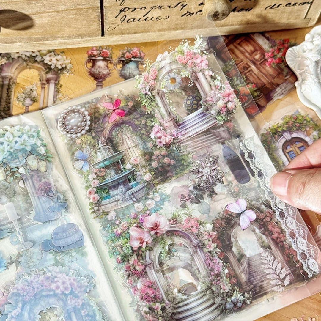 Vintage Flower House PET Sticker Book (Pack of 1) | Transparent Aesthetic Journaling Stickers | Scrapbook, Diary, Planner, DIY Craft Decoration (Any One Random Design)-picture-14