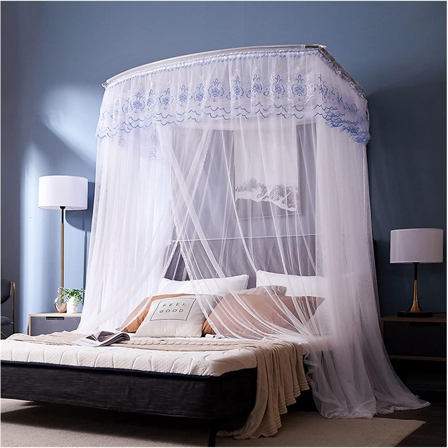 Mosquito Net Bed Canopy Lace Luxury 4 Corner Square Princess Fly Screen Floor Standing Canopy Curtain Palace Mosquito Net (White 1.2m Bed)