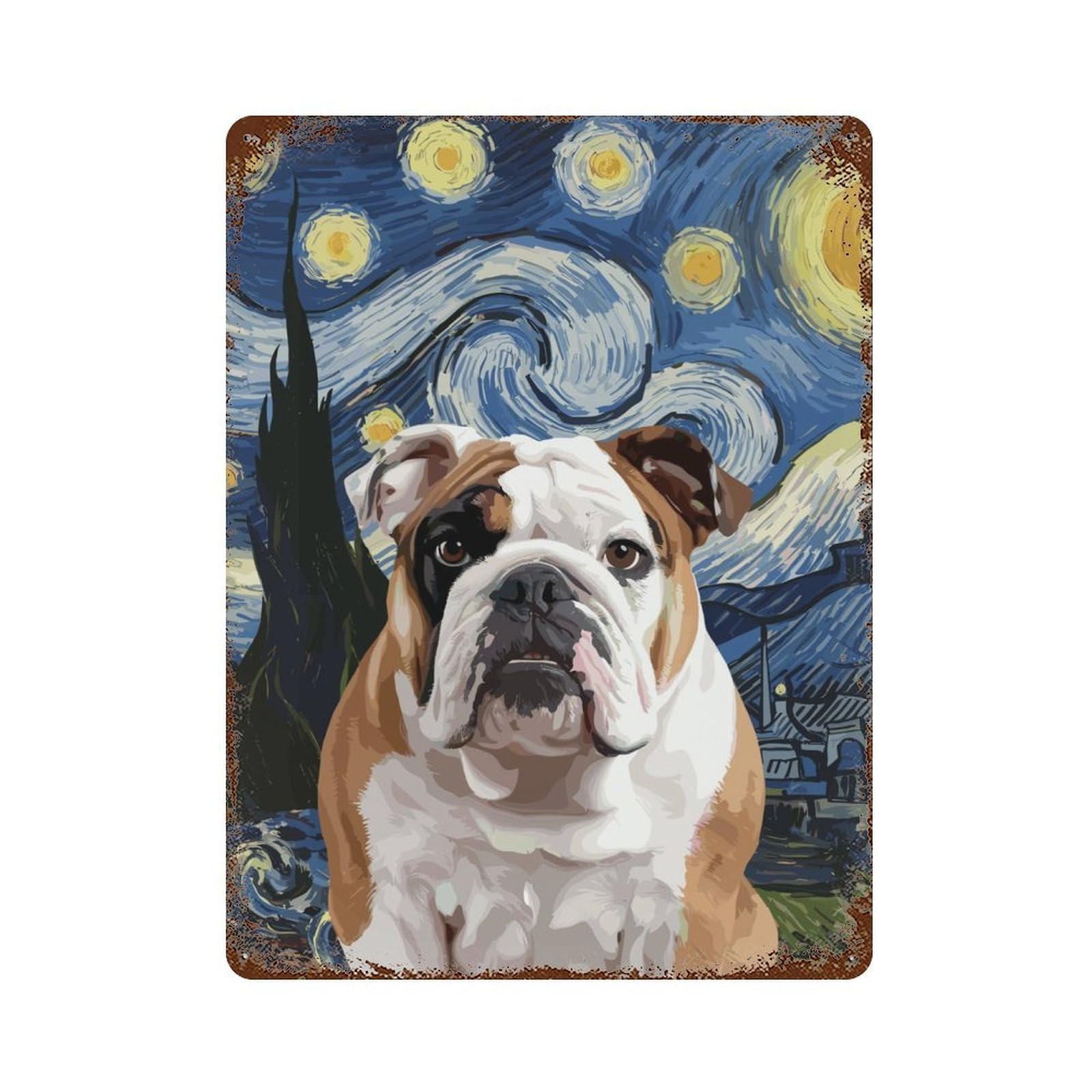 Bulldog Starry Night 15.7"x11.8" Aged Metal Wall Plaque, Classic Wall Plaque for Basement, Hobby Room And Garage Decor