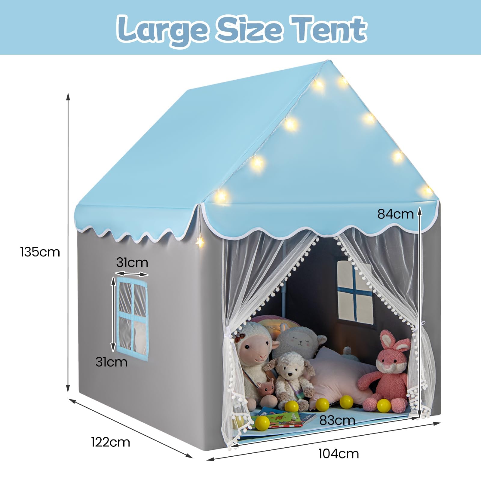 HOMASIS Tenda da Giochi per Bambini, Casetta per Bambini Interna con Tappeto Lavabile e Luci a Forma di Stella, Casa Giochi con Porta e Finestre, 105 x 121 x 136 cm (Blu)