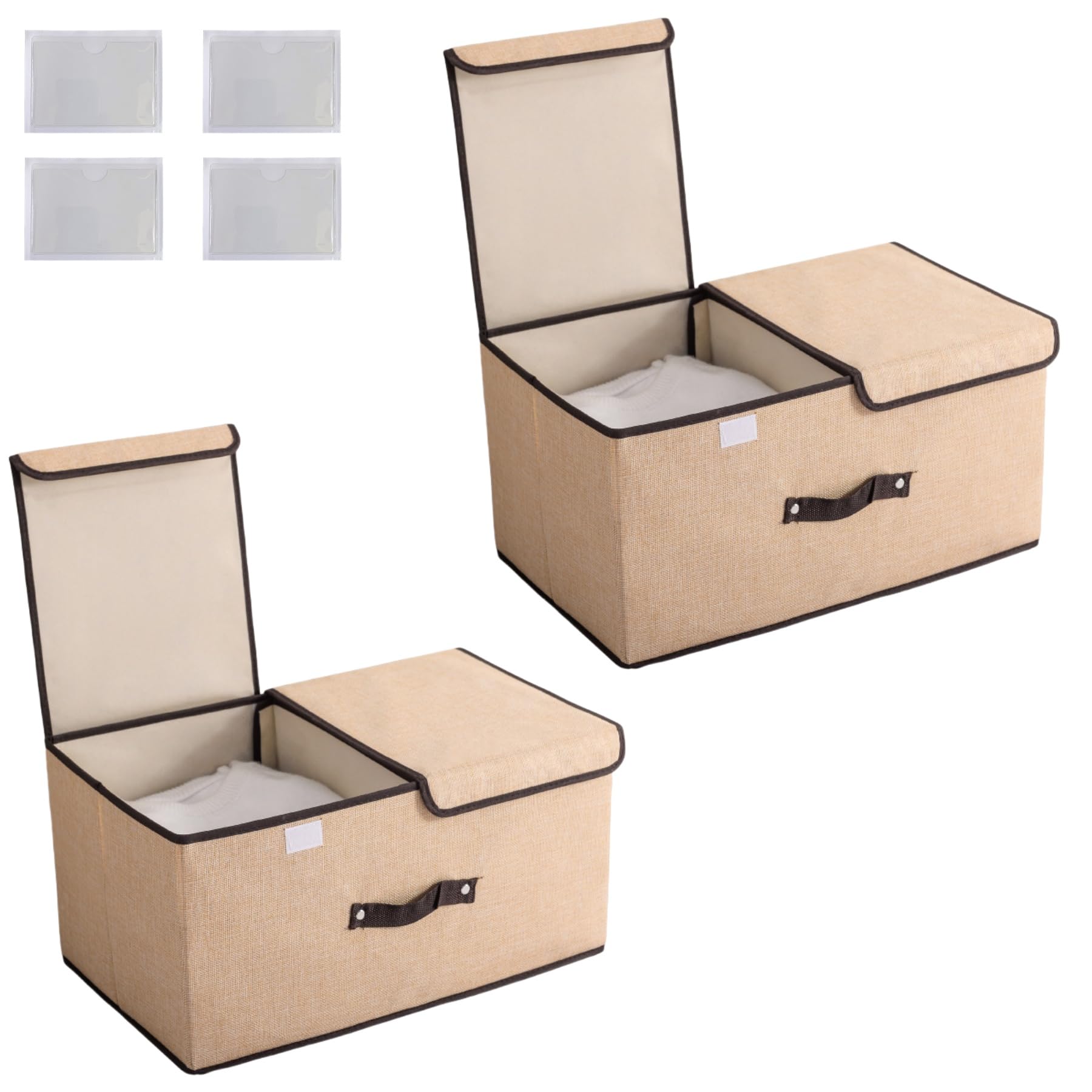 2 scatole portaoggetti pieghevoli in tessuto beige bianco con coperchio e scomparti 50 × 30 × 25 cm, pieghevole in tessuto con manico, organizer per guardaroba, scatola per giocattoli