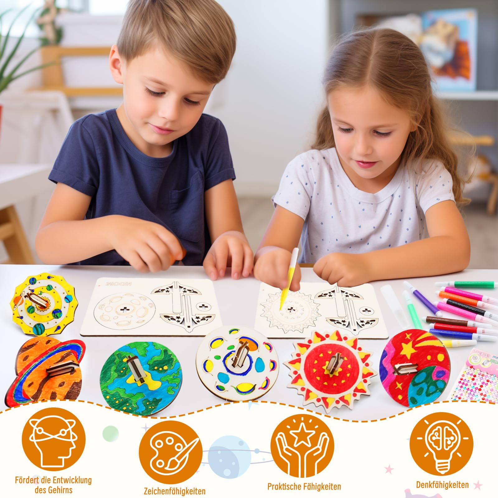 Holzkreisel-Bastelset Für Kinder – 12 Stück Mit Aufklebern & Stiften, Zum Bemalen & Zusammenbauen, Ab 3 Jahren