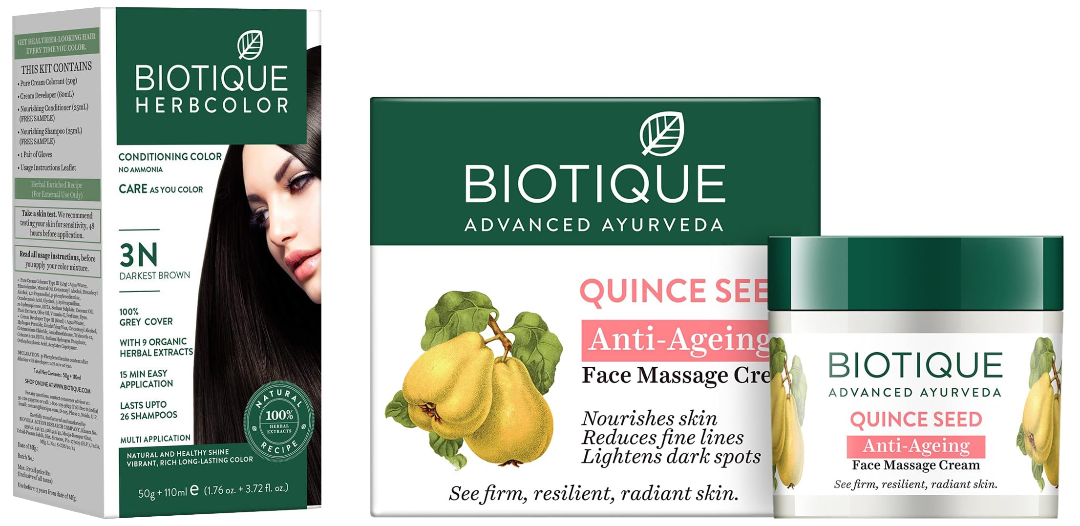 Biotique Bio Herbcolor Conditioning Hair Color, 50g + 110ml - Darkest Brown 3N (Pack of 1) & Biotique Bio Quince Seed Nourishing Face Massage Cream For Normal To Dry Skin, 50G