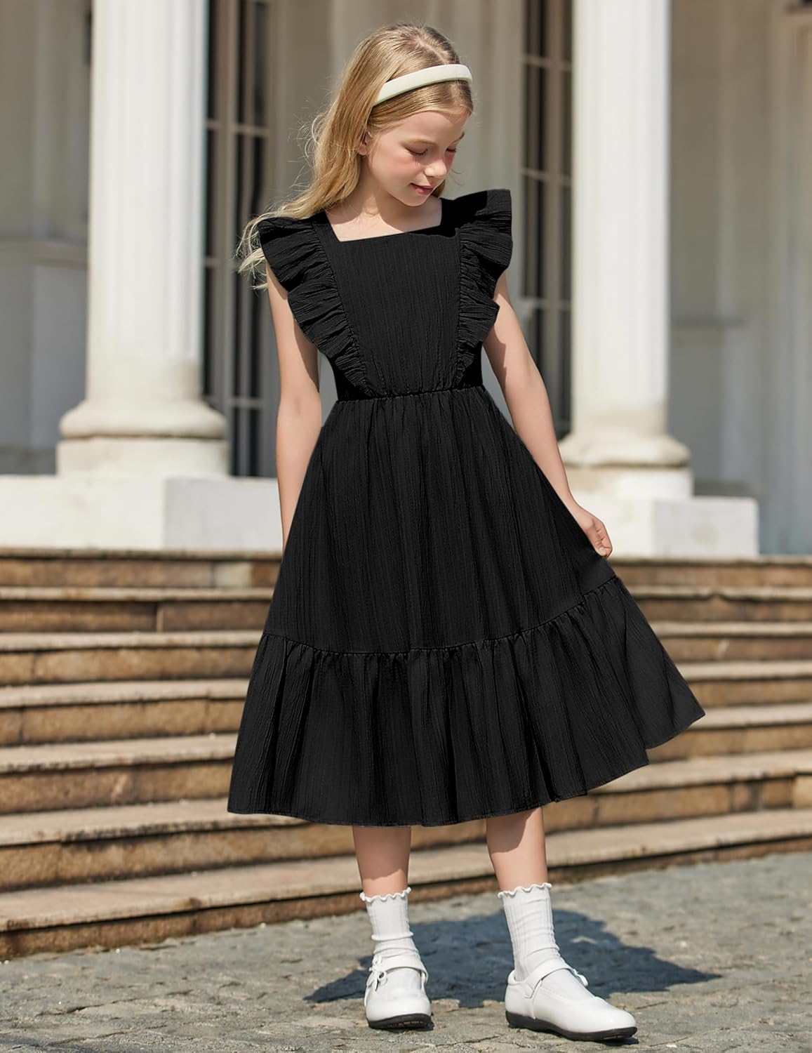 Arshiner Girls Summer Tie Back Dress Tween Boho Casual Square Neck Flutter Sleeve Maxi Dresses with Pockets - Image 2