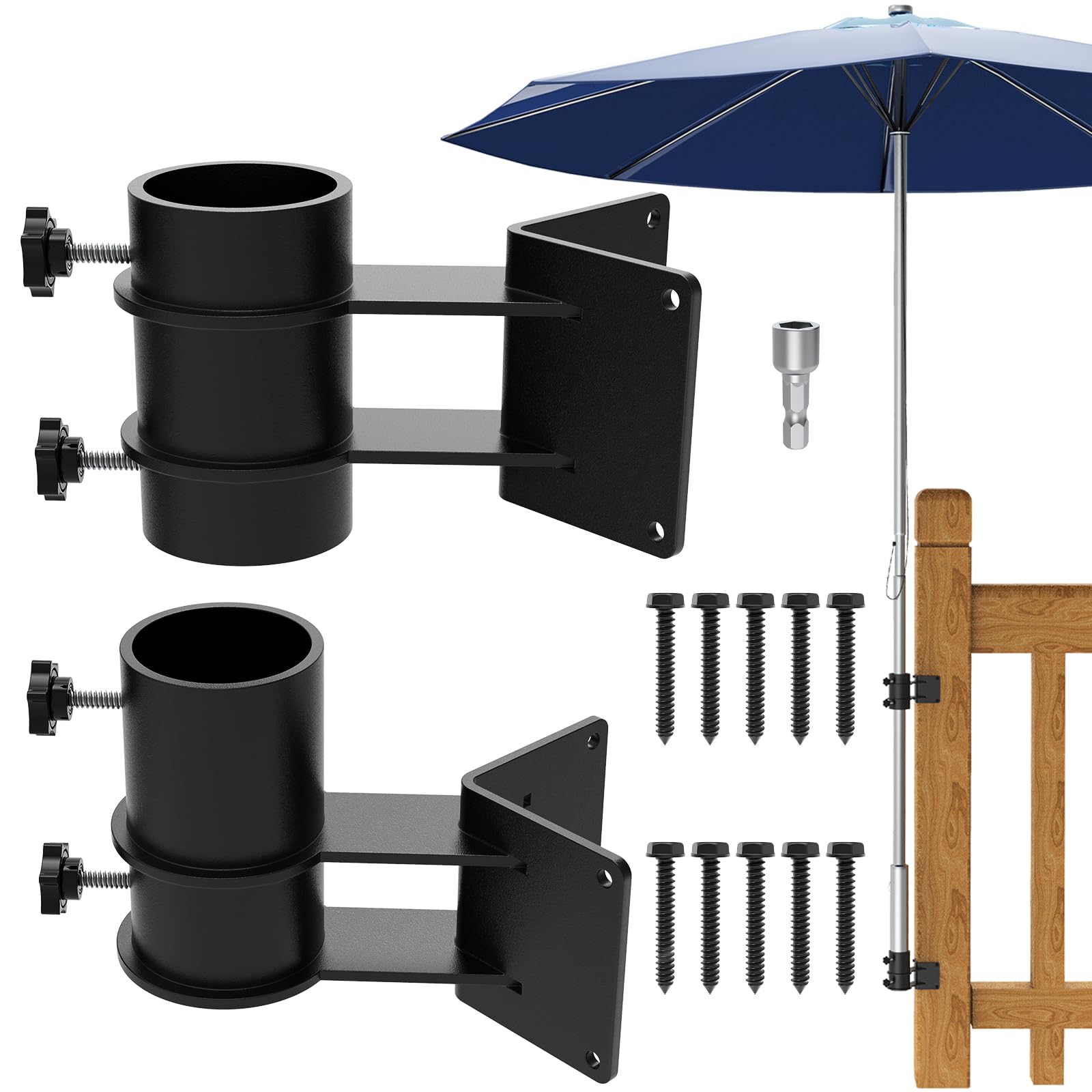 Fengone Heavy Duty Patio Umbrella Holder Corner Mount Umbrella Clamp Mount Bracket Stainless Steel Umbrella Deck Mount for Railing or Deck in Patio and Courtyard Fits Max OD 2
