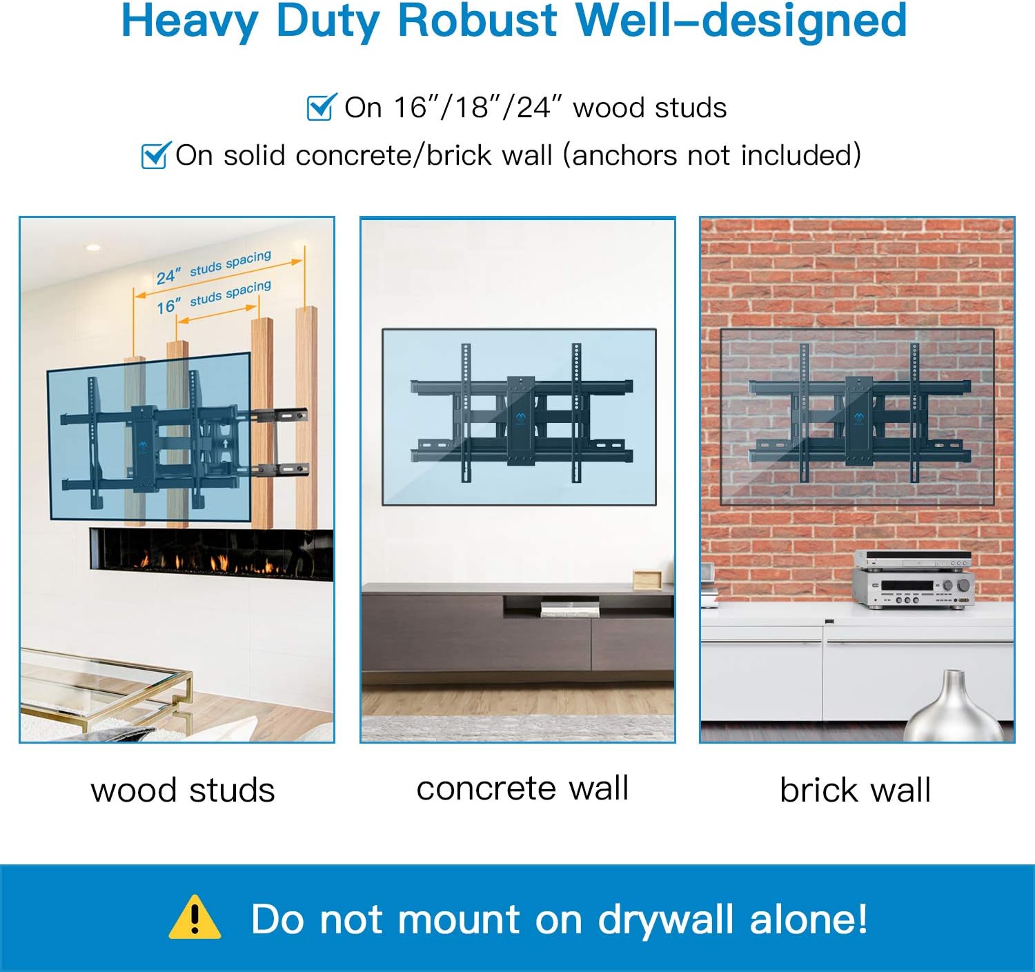 PERLESMITH Full Motion TV Wall Mount Bracket with Tilt Swivel Extension Articulating Arms, Fit 16-24 inch Wood Stud for Most 37-70 inch LED, LCD, OLED, Flat Curved TVs up to 132lbs Max VESA 600x400mm
