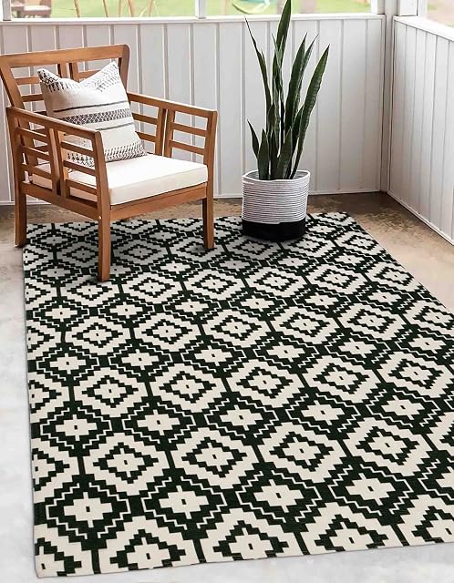 CiCiwind Cotton Area Rug 4'x6' Morrocan Machine Washable Large Rug Diamond Indoor Rug for Living Room, Bedroom Hand Woven Floor Carpet Black White Geometry Trellis Mat Vintage Rug