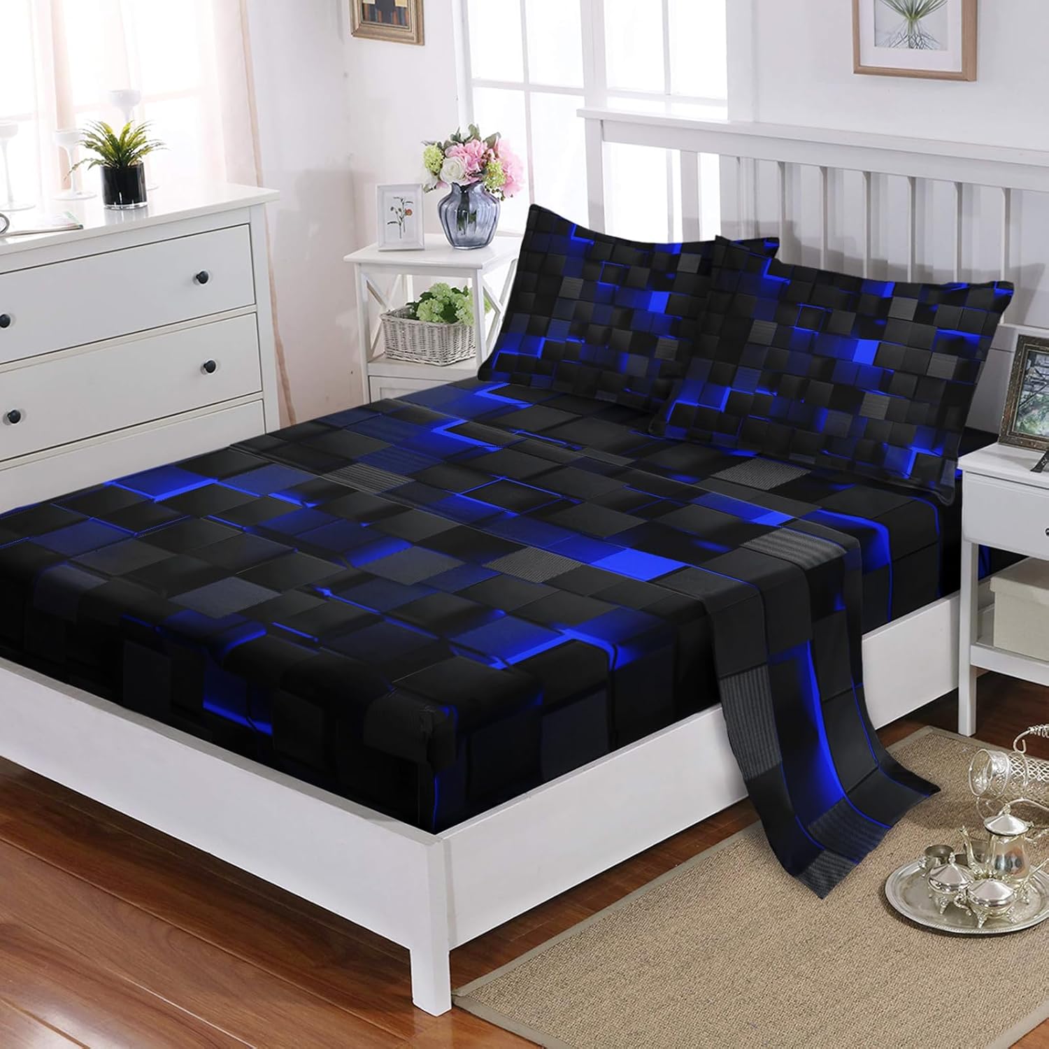 Geometry 4 Pieces Bed Sheet Sets Twin Size,Blue Black Bed Fitted Sheet Soft Bedding Sets with 16" Deep Pockets for Kids and Adults Bedroom Decor,Bedding Set 4 PCS(1 Fitted+1 Flat+2 Pillowcases)