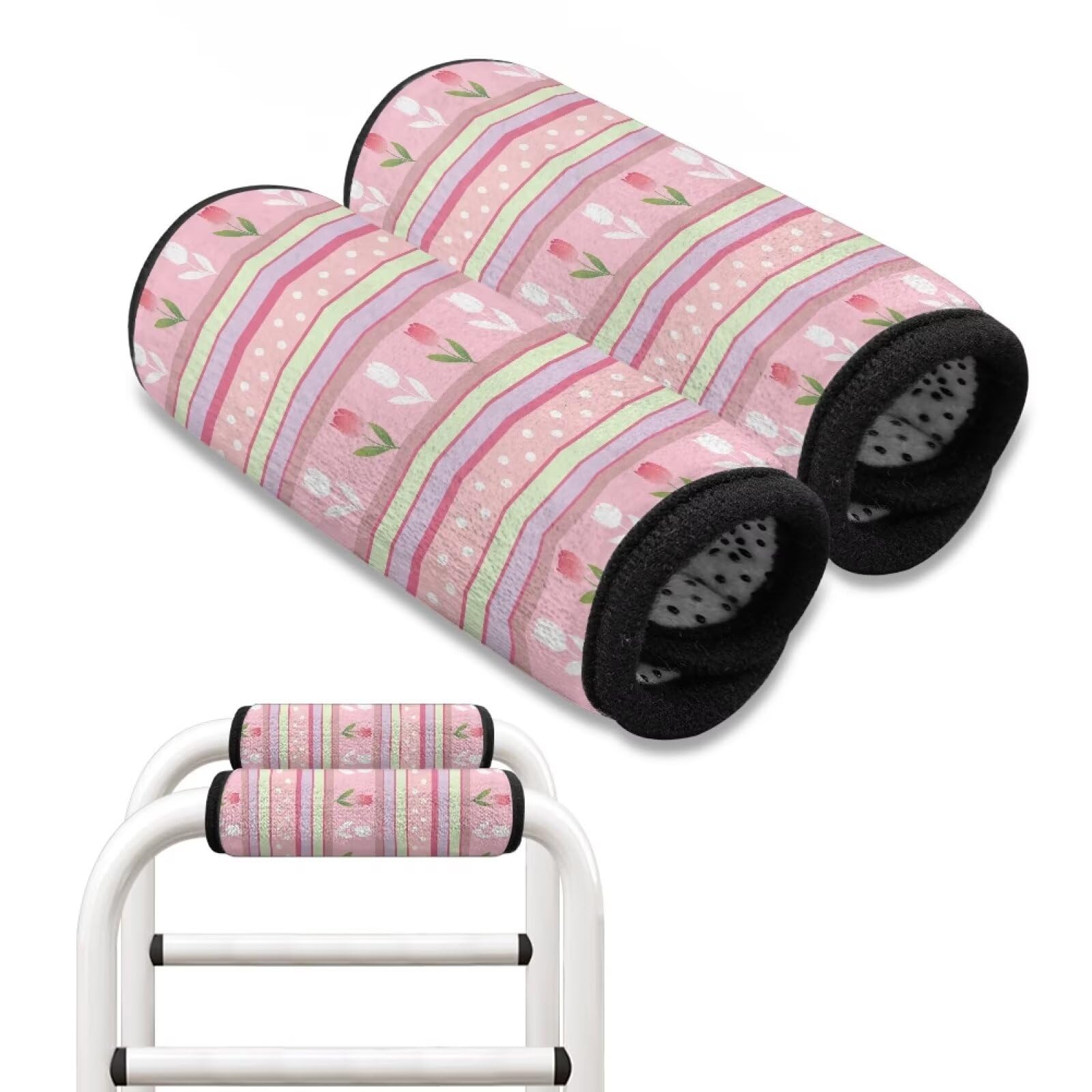 Uorisanigo Pink Tulip Pattern 2 Pack Walker Handle Cushions Comfortable Walker Padded Hand Grip Covers Washable Walker Accessory Elderly Grippers Rollator Handle Pink