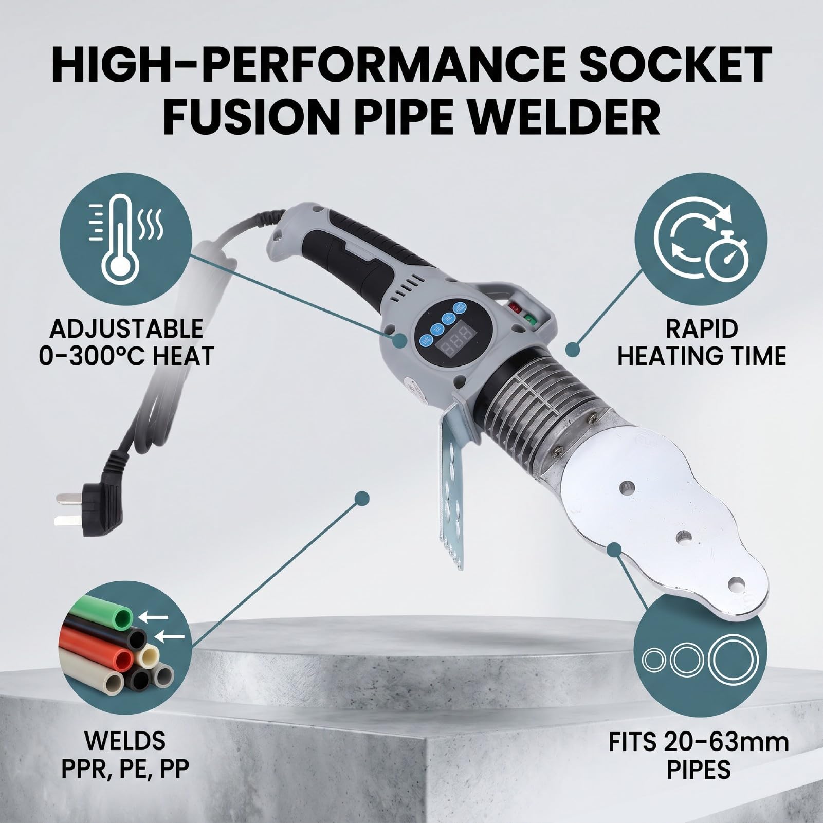 Fafeicy Saldatore a Fusione con Presa 1500 W, 0-300 ℃ Regolabile (Spina europea) | Kit idraulico 20 25 32 40 50 63 mm con custodia in alluminio, per PPR PE PP ABS Nylon