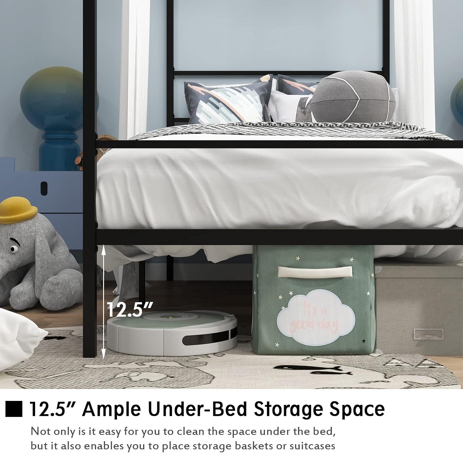 GOFLAME Twin Size Metal Canopy Platform Bed Frame, Modern Canopy Bed with 4 Posters, Underbed Storage, Mattress Foundation with Steel Slat Support and Headboard, Easy Assembly, No Box Spring Needed