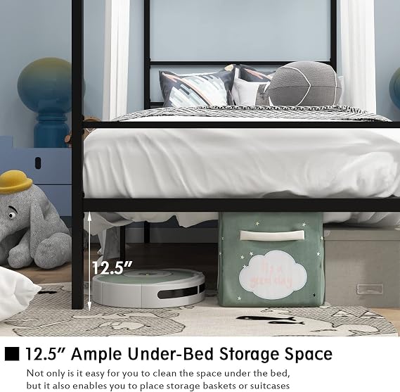 Queen Size Canopy Bed Frame with 7 Legs & 11 Slats Support