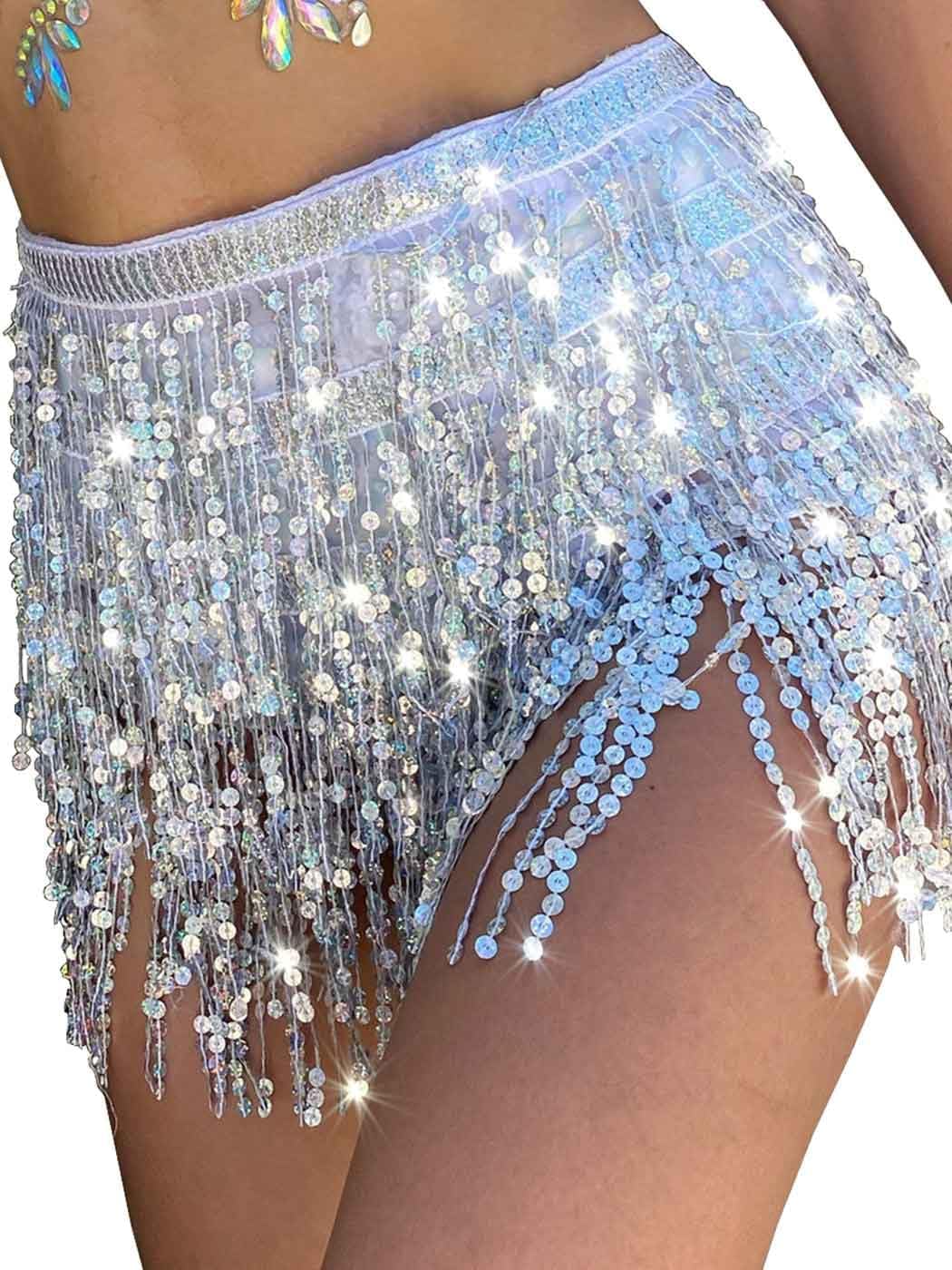 TWINKLEDE Mardi Gras Skirt Sequin Fringe Belly Dance Hip Scarf Skirts Rave Party Outfits for Women