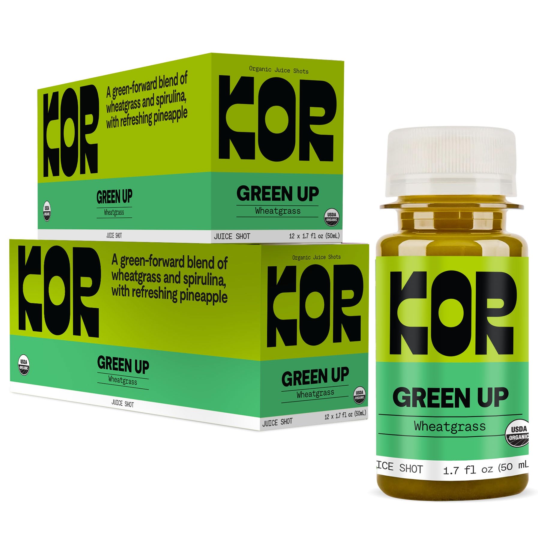 Kor Shot Suplemento Fitoterápico de Spirulina Green Up com wheatgrass, gengibre, abacaxi e limão, 24 frascos de 50,3 mL