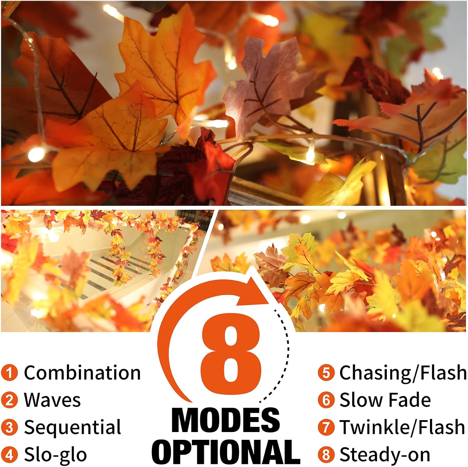KASZOO 2 Pack Fall Maple Garland with 40 LED String Light- 5.8ft/Piece Artificial Fall Foliage Garland Autumn Decor for Home Wedding Party
