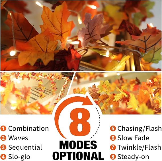 KASZOO 2 Pack Fall Maple Garland with 40 LED String Light- 5.8ft/Piece Artificial Fall Foliage Garland Autumn Decor for Home Wedding Party