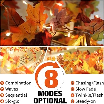 KASZOO 2 Pack Fall Maple Garland with 40 LED String Light- 5.8ft/Piece Artificial Fall Foliage Garland Autumn Decor for Home Wedding Party