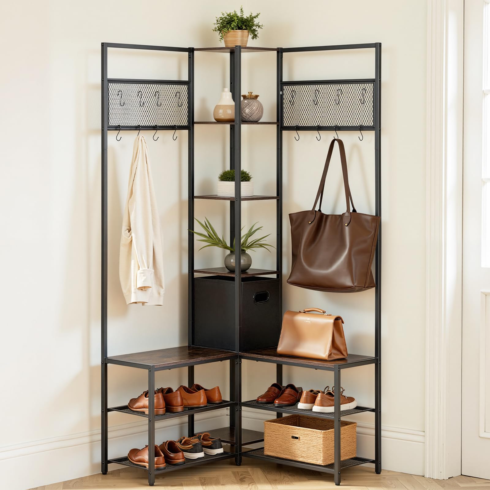 Photo 1 of ***SIMILAR ITEM***VEVOR Corner Hall Tree with Shoe Bench, 70.9 in Coat Rack with Hooks and Steel Frame, Freestanding Clothes Shoes Rack Storage Organizer with Anti-Tip Set, for Entrance, Closet, Office, Rustic Brown