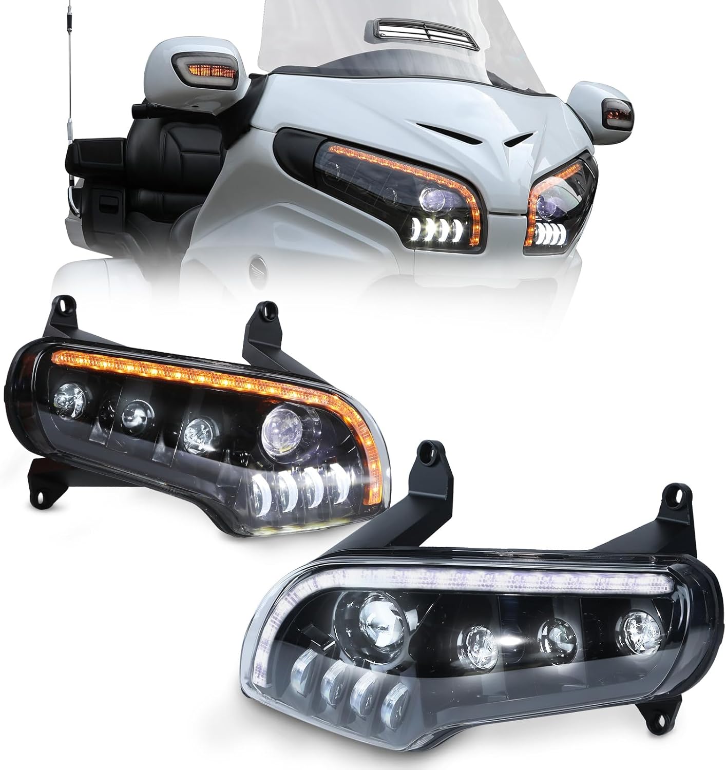 All-in One LED Headlight Assembly for GoldWing GL1800, Front Light w/High Low Beam DRL Water Flowing Turn Signal Replacement Headlight Headlamp for Honda Gold Wing GL1800 2001-2018 Accessories (2 PCS)