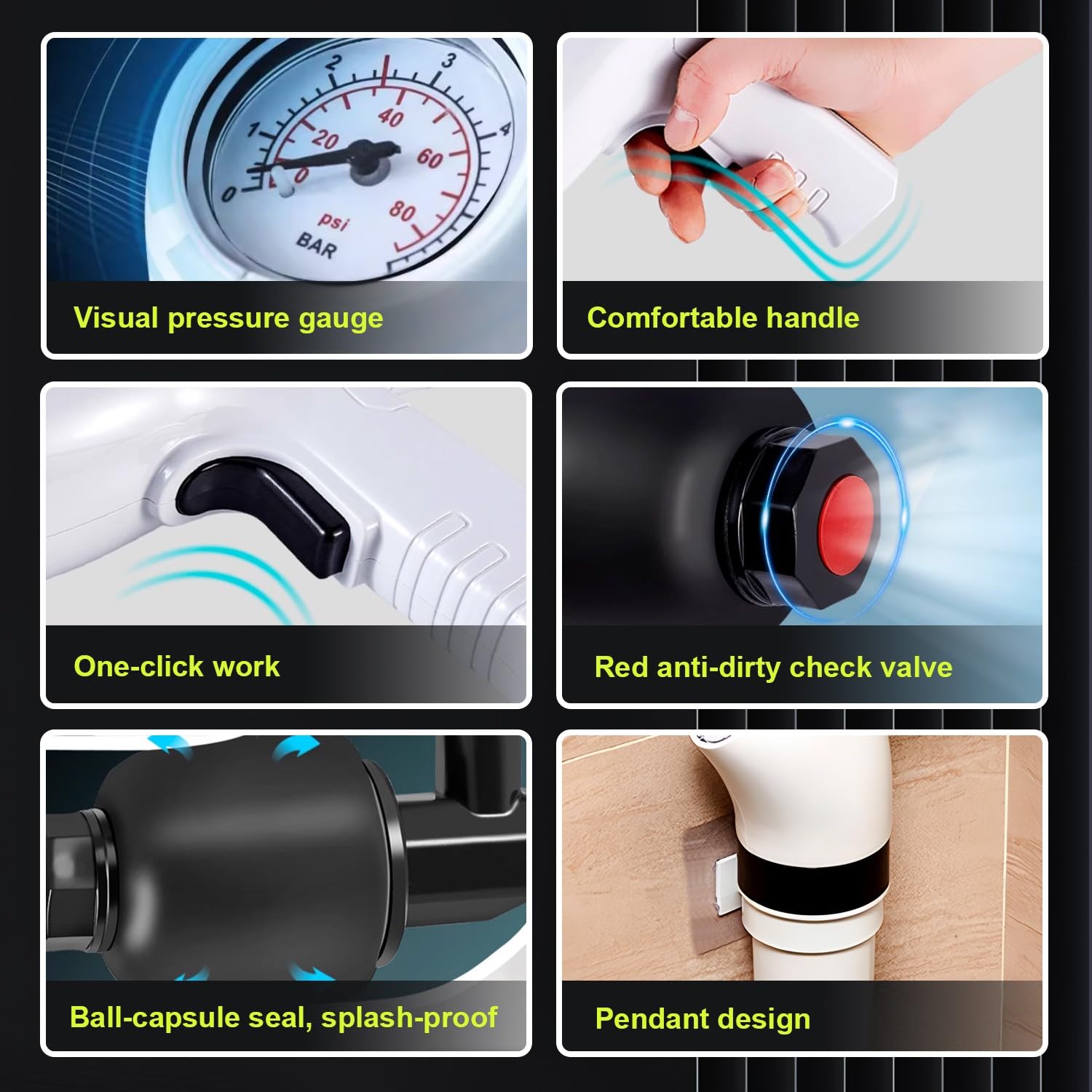 Sturalavandini a Pressione con Barometro, Pompa Stura Scarichi a Pressione con 4 Ventose, Sturalavandino ad Aria Compressa, Stura WC, per WC, lavandino, Vasca da Bagno, Grigio