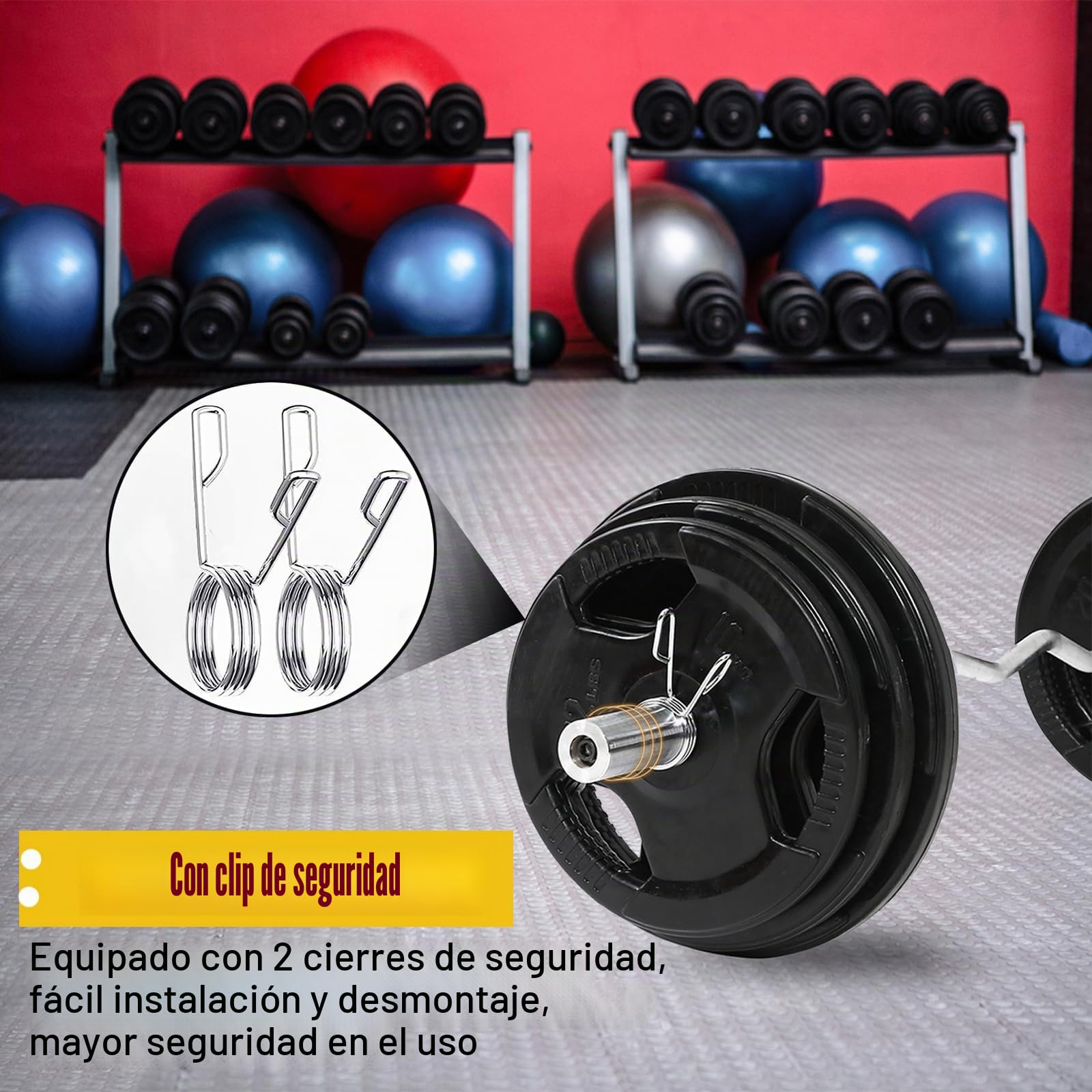 tonchean Barra curva EZ de 47 pulgadas/34 pulgadas para discos de peso de 2 pulgadas/1 pulgada, barra de pesas de acero para levantamiento de pesas, barra de tríceps con 2 collares de resorte para