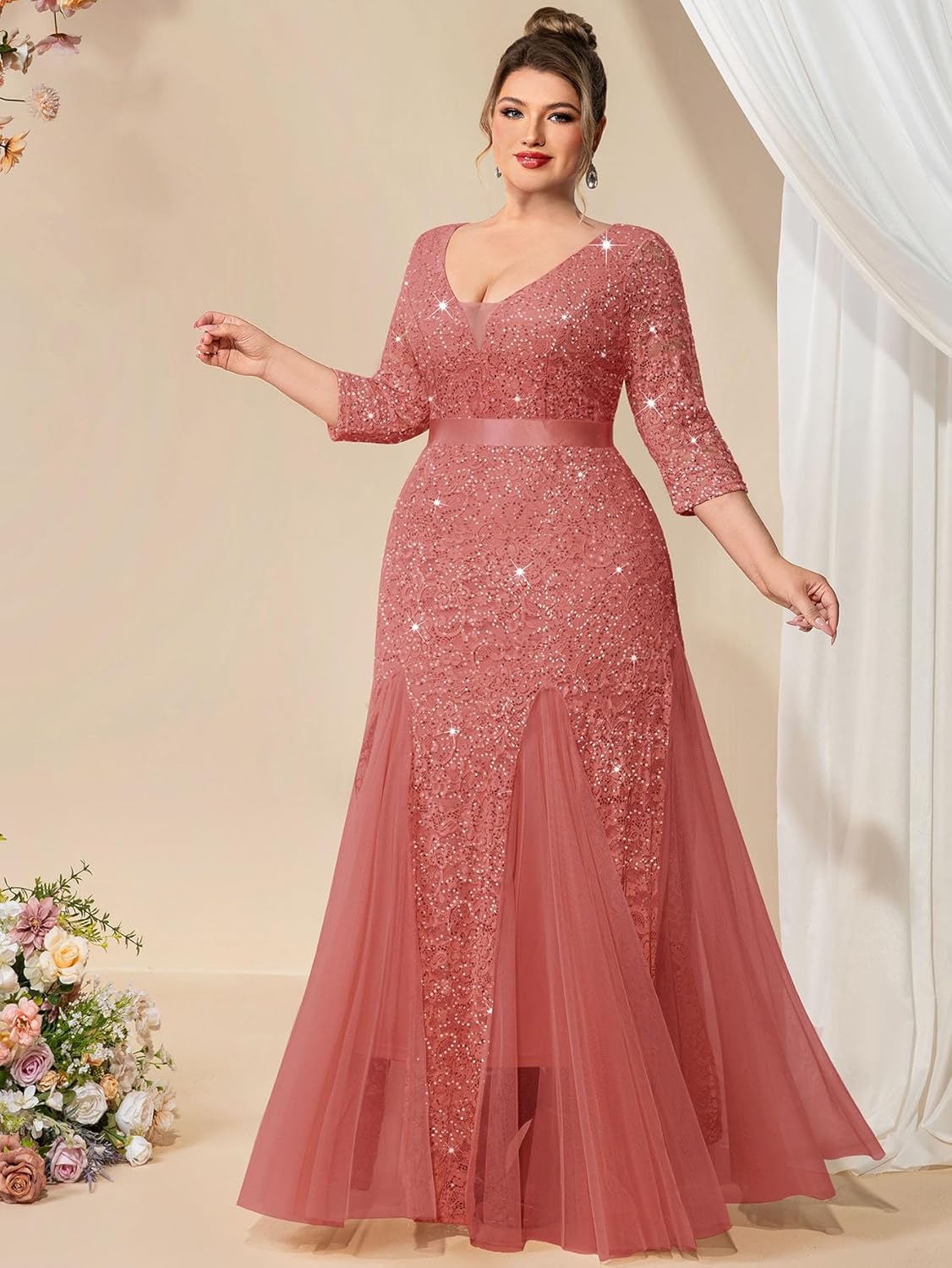 MISSMAY Women's Plus Size Double V-Neck Sequin Lace Tulle Mermaid Evening Wedding Formal Dress for Curvy Women - Image 3