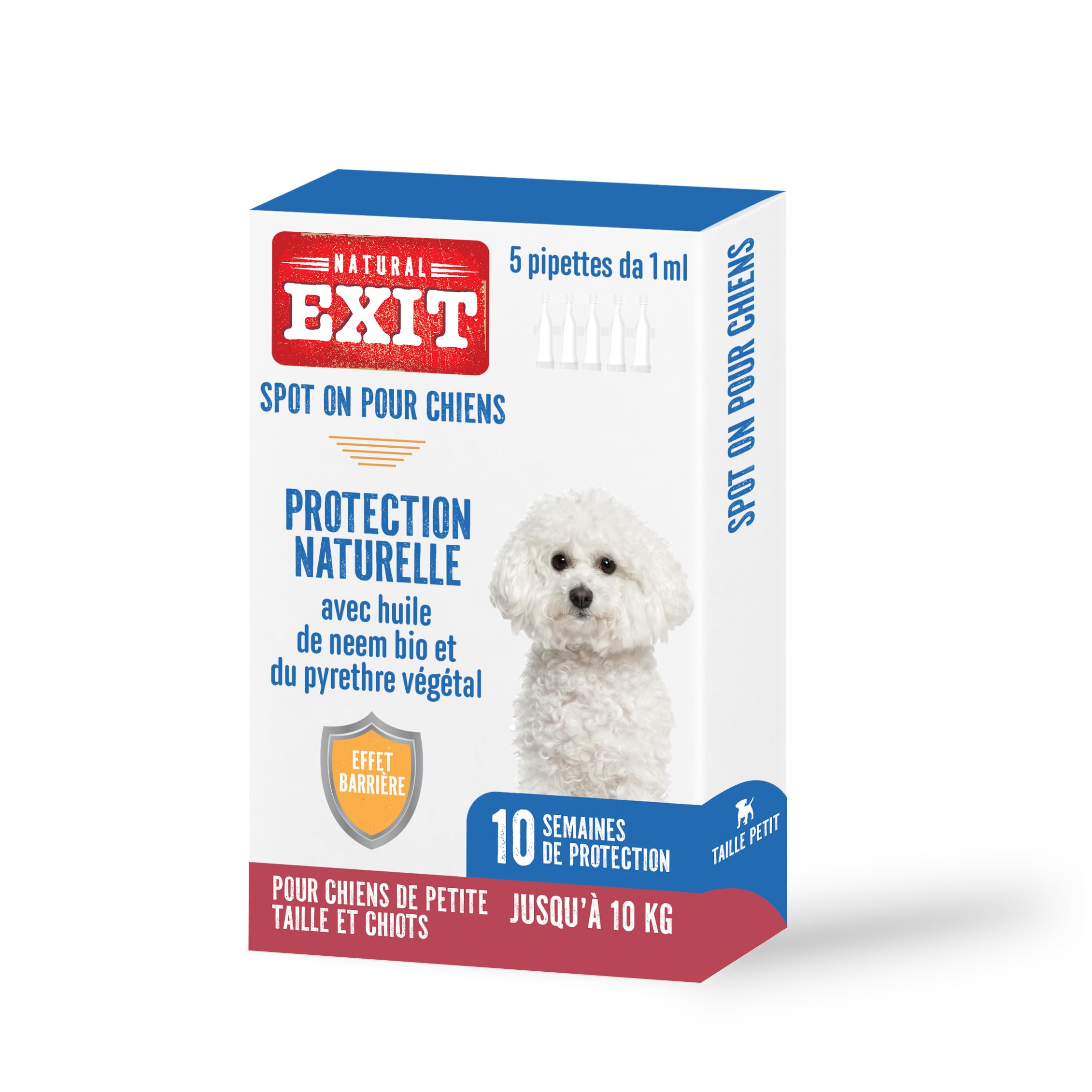 Spot on Antiparasitaire Naturel pour Chiens, 5 Pipettes Refermables Longue Durée, Protège Contre Puces, Tiques, Phlébotomes, Moucherons (Jusqu'à 10 Kg - Petite Taille et Chiots)