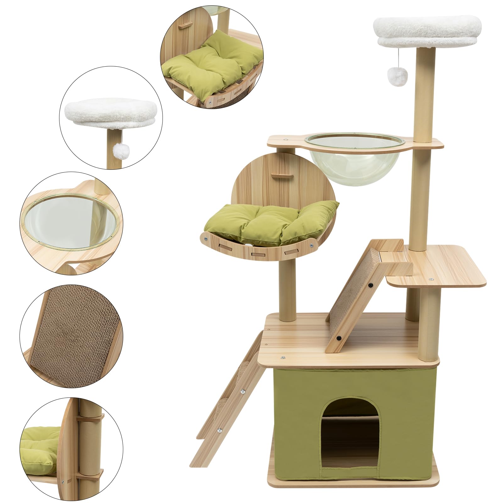 Rascador para gatos, estable, con sisal, cueva y cesta, casa para gatos con cama acolchada, árbol trepador para gatos altura 140 cm, verde