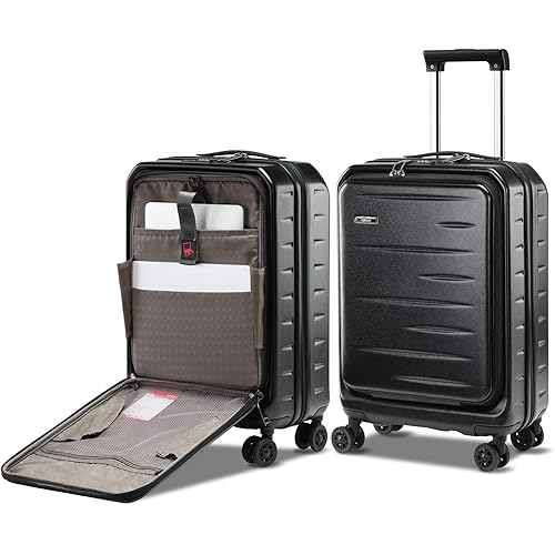Carry On Luggage 22×14×9 Airline Approved, 20 Inch Lightweight ABS+PC Hard Shell Suitcases with Front Pocket, Spinner Wheels, TSA Lock (Black, 1PC)